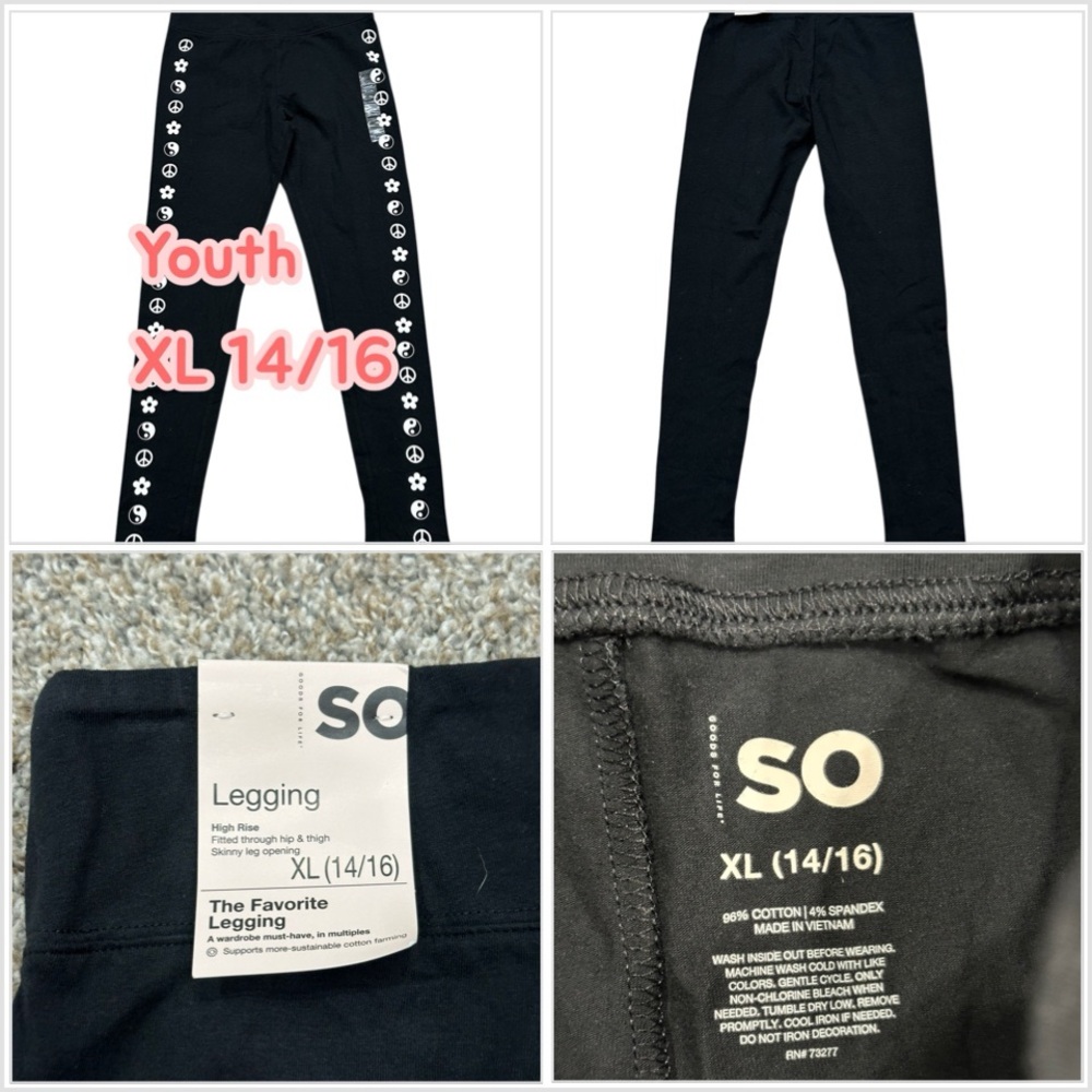 Youth Girls XL 14/16 Pants Leggings Black Pull On Stretch Active High Rise NWT